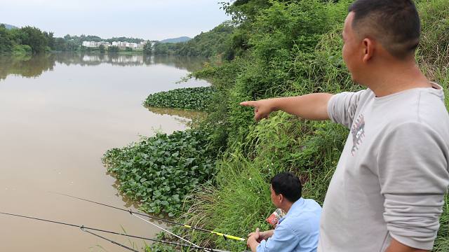 農村下過雨後,好多人在河裡釣魚,看看都有些啥靚貨?