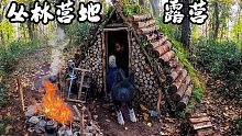 独自在户外树林里过夜-单人露营，丛林营地| 苔藓屋顶庇护所