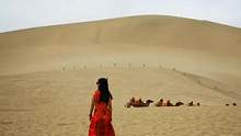 我与沙漠骆驼为伴，光脚的那个人，快被烤成猪蹄了#沙漠 #房车旅行 #自驾游