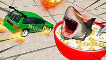 汽车模拟器：挑战汽车飞到甜甜圈中鲨鱼的嘴里！比赛太刺激了！