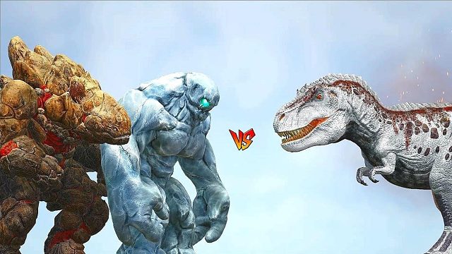方舟恐龙对战：冰川岩巨兽与阿尔法猛禽卡诺巨蜥蛇怪对战！