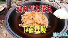 房车安家荒野第四年，柴火灶大铁锅，买两个大猪头下锅开炖
