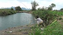 小明用竹竿河边野钓，回水湾处太藏货了，飞竿甩得真过瘾