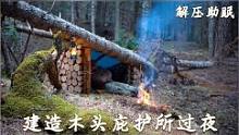 森林独自露营，用砍伐的原木建造庇护所，一个人在野外过夜#野外户外#野外生存#野外建造#露营#庇护所 