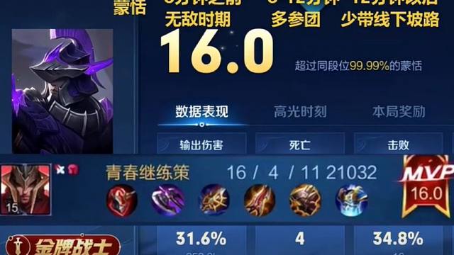 16.0满分的国服蒙恬竟然这么帅气