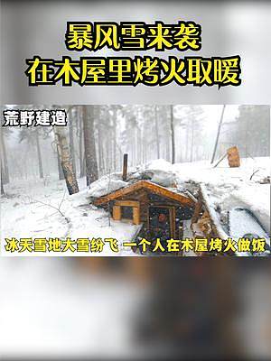 建造带壁炉的地下木屋，外面狂风暴雪，一个人在温暖的木屋做饭吃#荒野建造#木屋建造#木屋生活#庇护所#