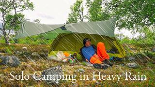 大雨中的单人露营 - 在帐篷里放松和烹饪，在北方背包徒步旅行