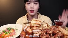 【Boki 字幕版】酥脆的炸鸡猪排炸货配奶油酱乌冬面吃播