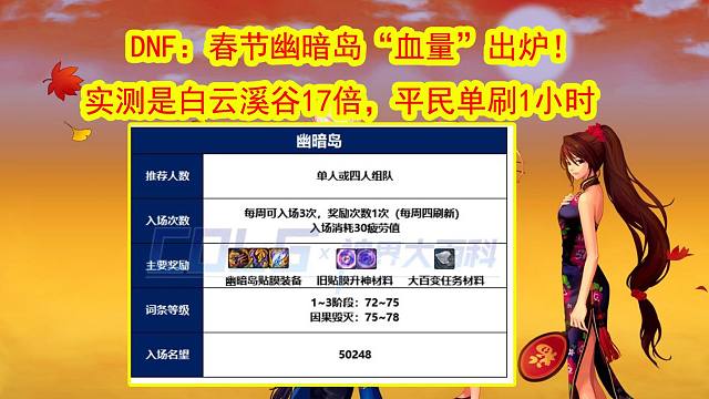 DNF：春节幽暗岛“血量”出炉！实测是白云溪谷17倍，平民单刷1小时