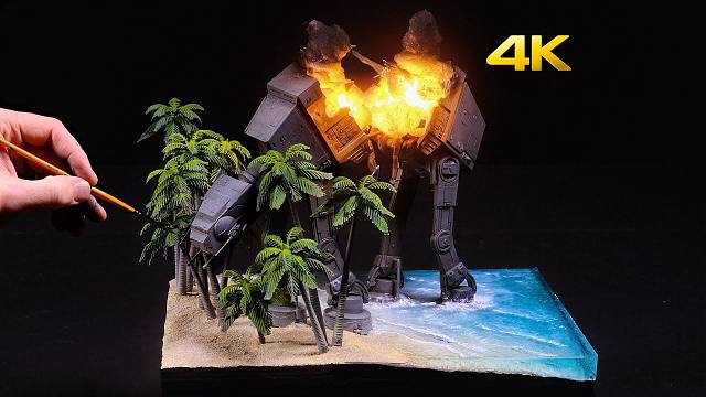 【4K】大佬制作《星战：侠盗一号》斯卡里夫战役被X翼战斗机摧毁的AT-ACT步行机 模型场景 | 作