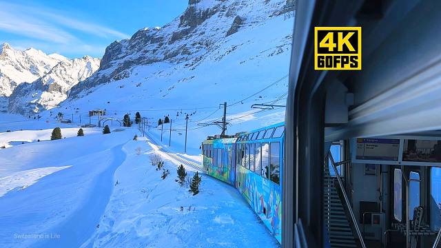 【4K60帧】放松解压：冬季在瑞士阿尔卑斯山搭乘火车❄️格林德瓦 | 作者：Switzerland 