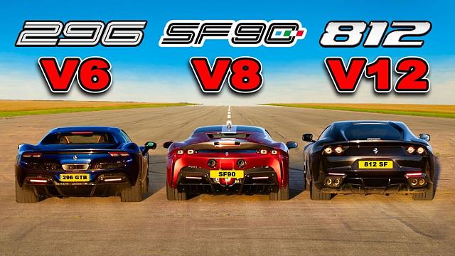 【4K】法拉利 V12 vs V8 vs V6 跑车崩直线比拼 | 作者：carwow | 机翻中文