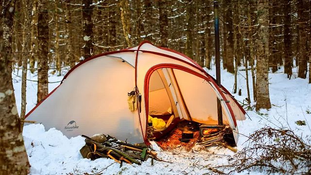 老哥和自己的小狗在雪天前往野外搭建帐篷过夜