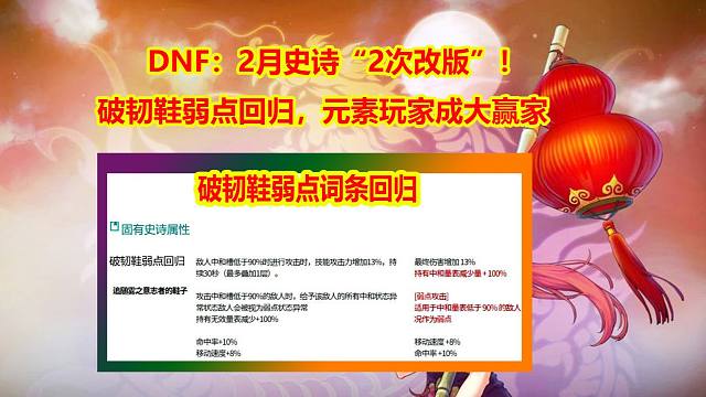 DNF：2月史诗“2次改版”！破韧鞋弱点词条回归，元素玩家成大赢家