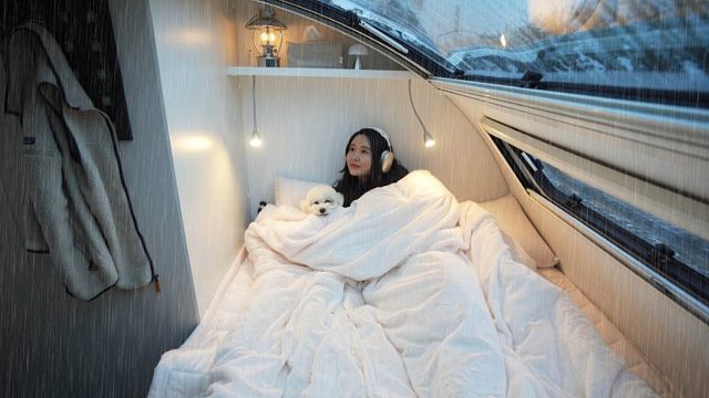 天气突然雨转雪，和我的狗躲在房车内，吃着火锅喝着烧酒，太享受了