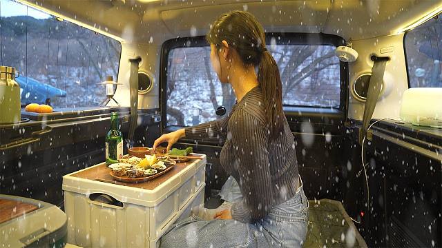 在寒冷的溪谷内露营，下雪天独奏车营！路虎发现四. 玛丽