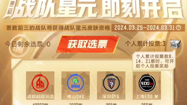 战队星元又开始投票了，投票抽奖励有机会获得手办，嘿嘿，很少