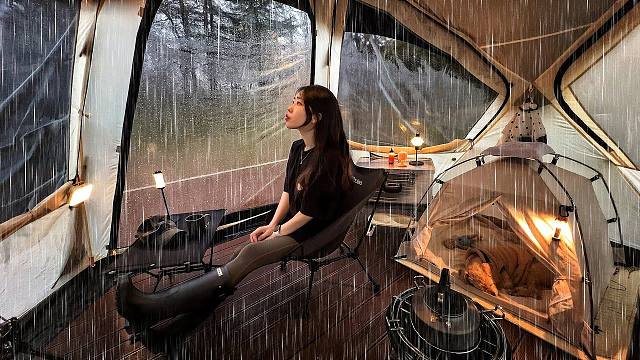 在不停歇的春雨 中 和小狗一起的暴雨野营