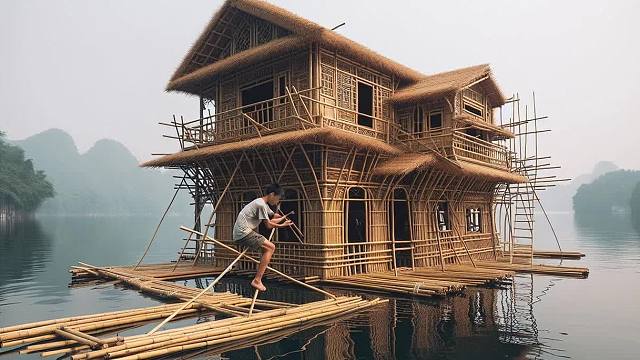独自在湖上建造了一艘巨大的竹船