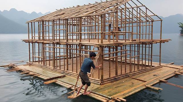 【水上建造】独自建造一座漂浮的竹屋|顶部框架即将准备就绪