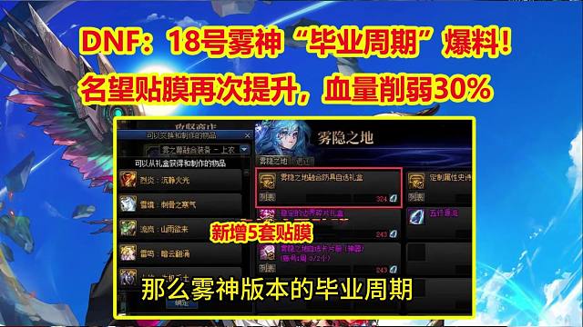 DNF：18号雾神“毕业周期”爆料！名望贴膜再次提升，血量削弱30%