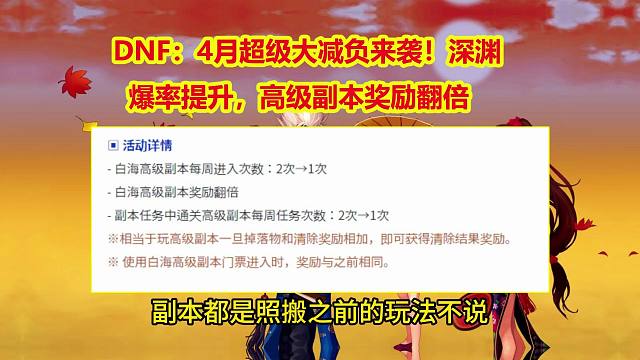 DNF：4月超级大减负来袭！深渊爆率提升，高级副本奖励翻倍