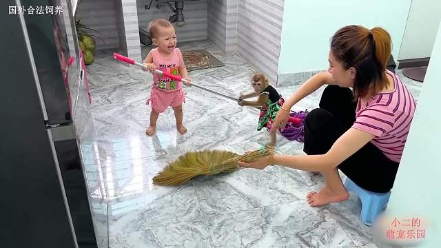 小猴子和妹妹争着打扫卫生，最后获得了妈妈的奖励