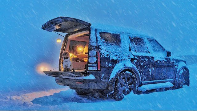 暴风雪持续两天，和我的狗一起在荒野露营，夜晚寒风呼啸，我们窝在房车内很暖和