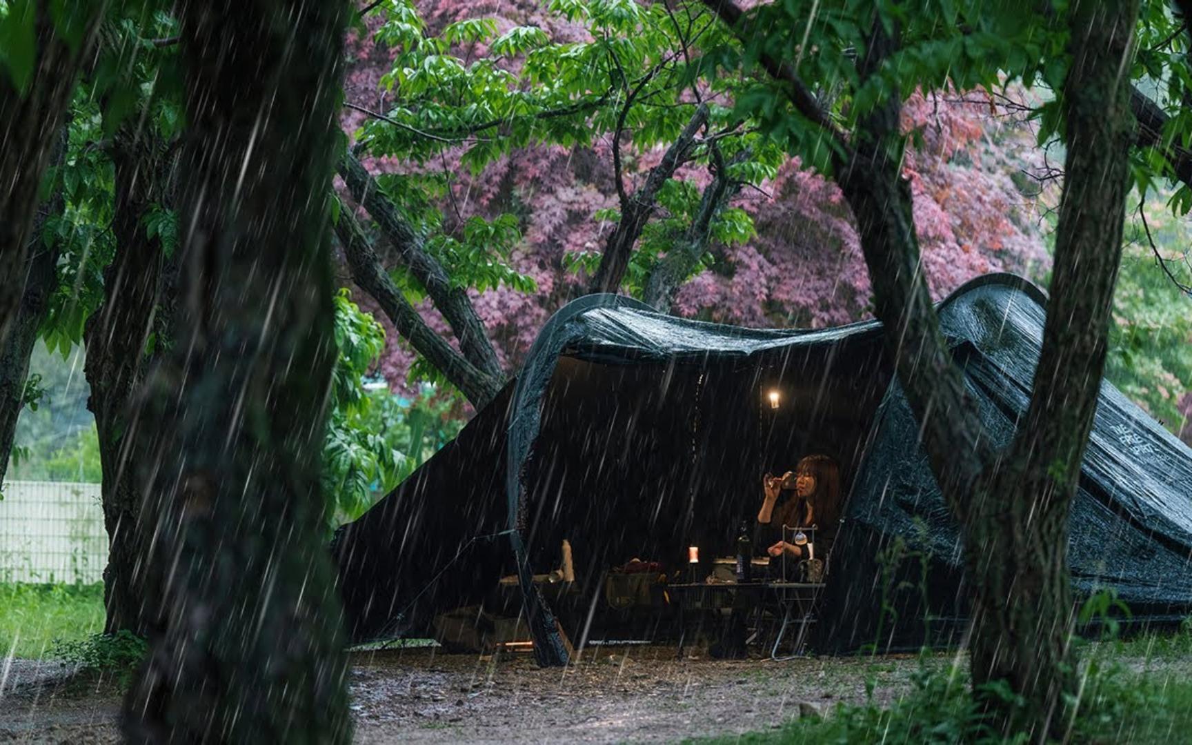 在树林里雨天露营，一整天听着雨声助眠！沉浸式露营. 解压视频