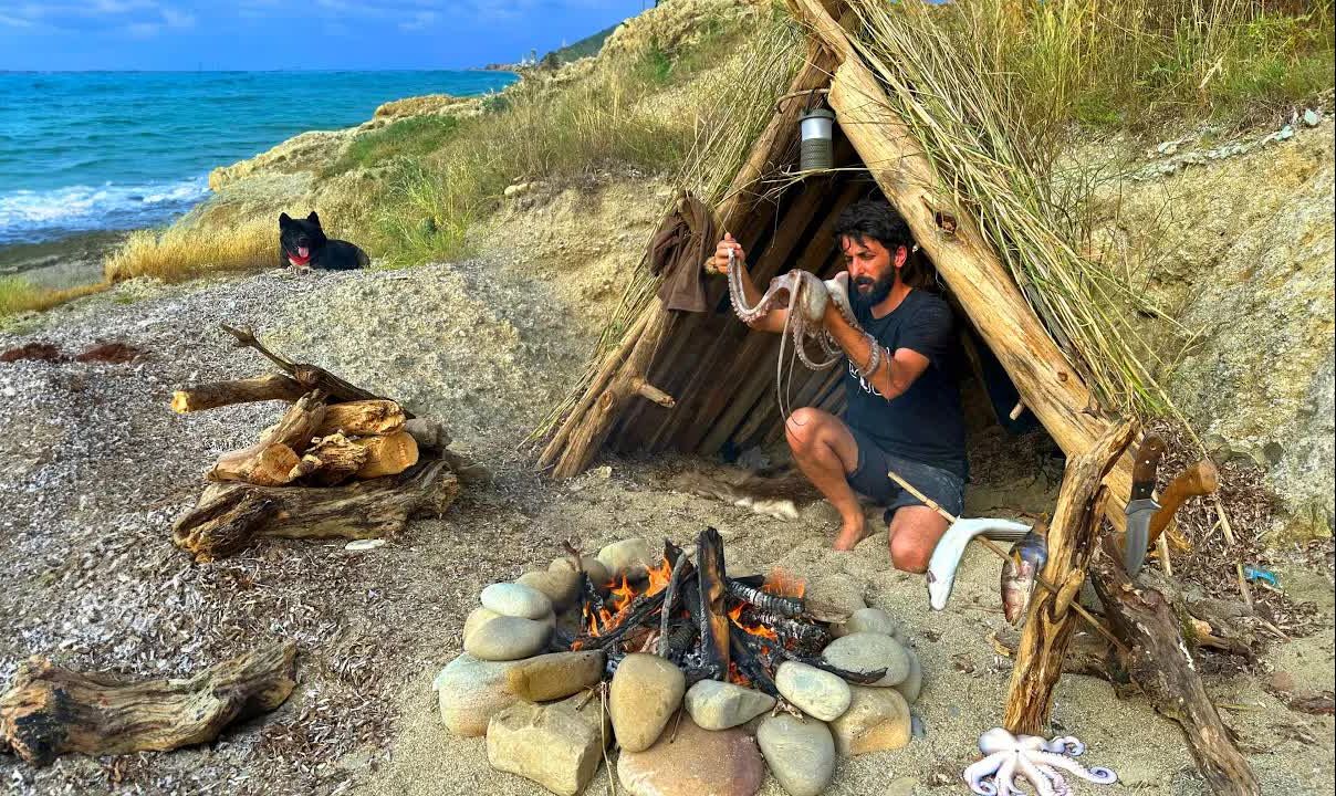 3 天单人生存（无食物、无水、无庇护所）捕捉并烹饪章鱼 - 丛林露营