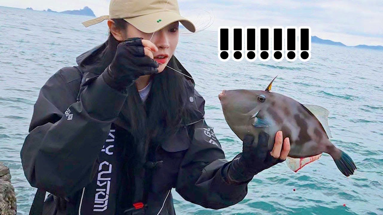 韩国美女在海边学习钓鲷鱼知识，现学现卖，最后能钓到鲷鱼吗？