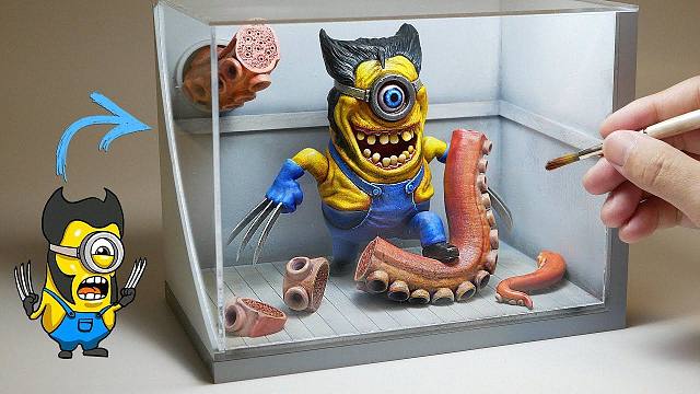 【手工】大佬制作「小黄人金刚狼与北海巨妖」写实版粘土场景 | 作者：JackJack Creator