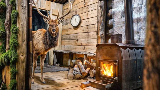 独自划船进入森林，躲在地下的房子里躲避野兽，在里面美滋滋的生活！