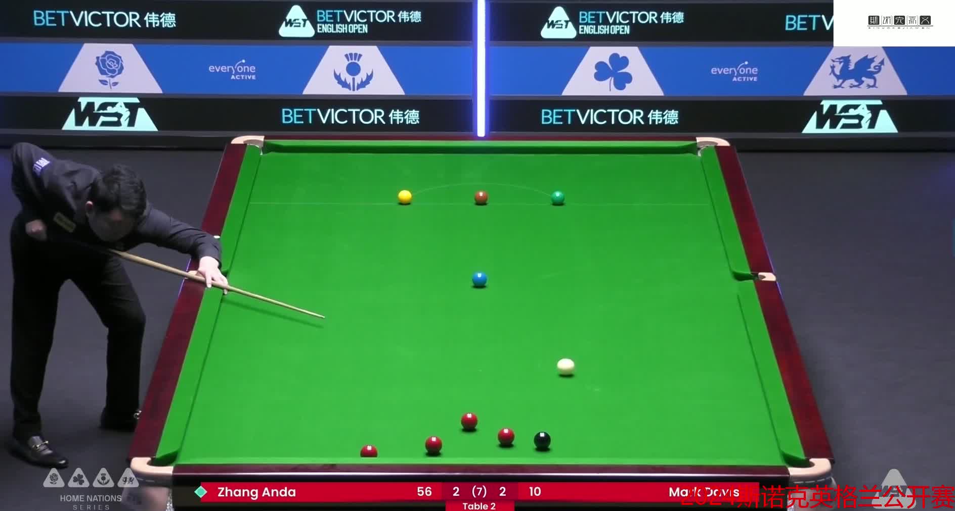 2024斯诺克英格兰公开赛，张安达2—2强夺赛点！一杆长台完虐戴维斯！