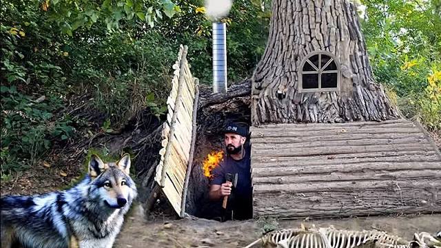 森林野狼来了！幸好我一时谨慎，把庇护所挖掘在了树根下面！