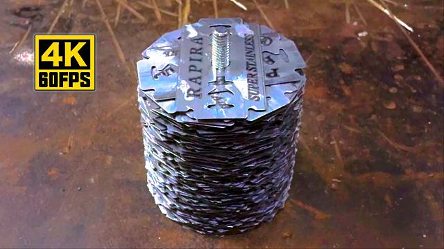 【4K60帧】大叔用350片剃须刀片锻造大马罐厨刀 | 作者：Knives Project