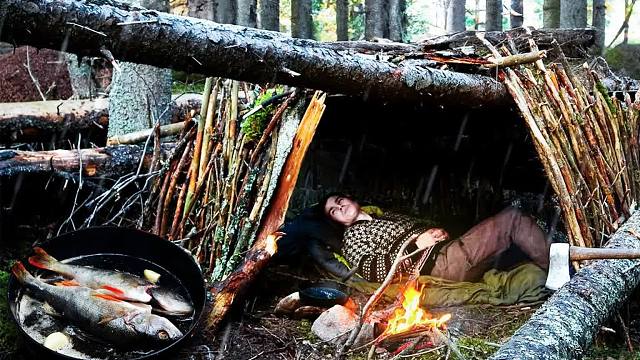 在潮湿寒冷的北欧森林里，尝试3天的露营，学习捕捉和烹饪技能