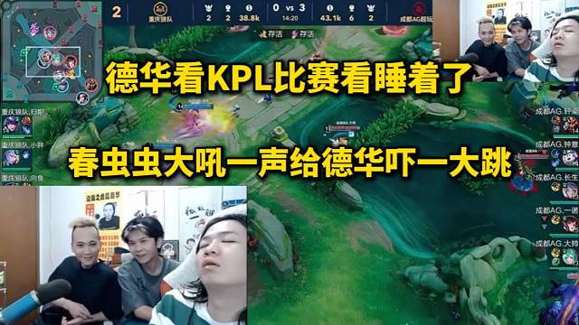 德华看kpl比赛看睡着了，春虫虫大吼一声给德华吓一大跳