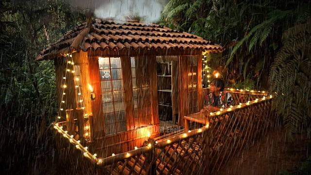 荒野竹林小竹屋，清扫修缮出来在暴雨中居住，还可以钓鱼