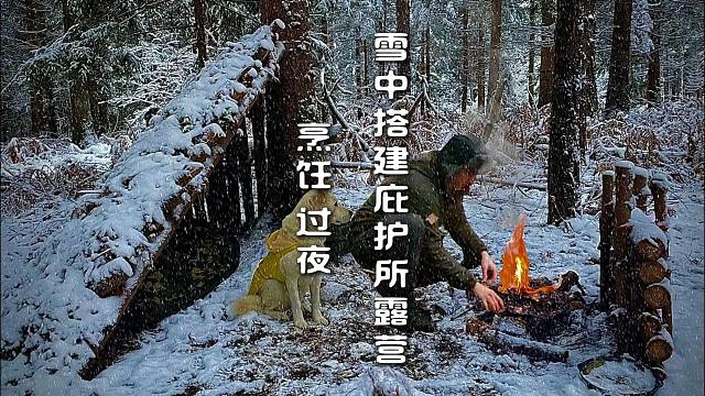 雪中搭建庇护所露营  烹饪 过夜