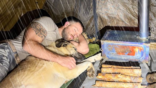 暴风雨中，带着狗子在荒野露营，夜晚烤火取暖