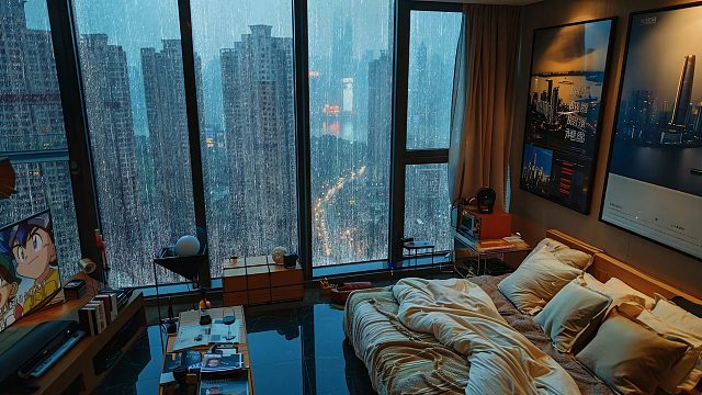 旁晚的雨天大平层，舒服的在床上欣赏着暴雨，看着电视，陷入深度睡眠，雨声助眠，白噪音助眠