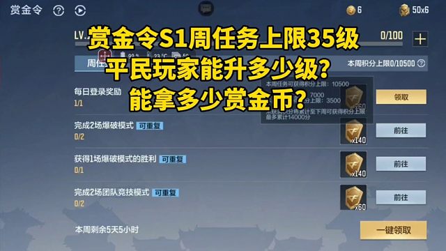 赏金令S1周任务上限35级，平民玩家能升多少级？