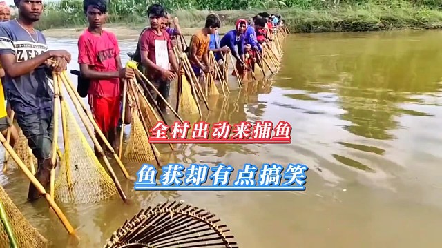 出动全村的男人来捕鱼，大家摆成长蛇阵型，最后的鱼获有点可怜