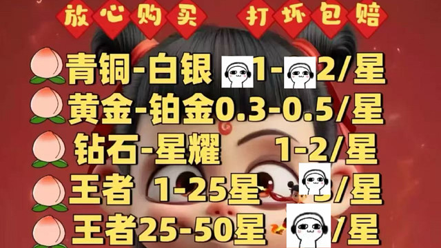 王者荣耀代练代打价格表，小国标，金标，巅峰赛，传奇王者，荣耀王者，都能打，有需要的板板可以私聊详谈，