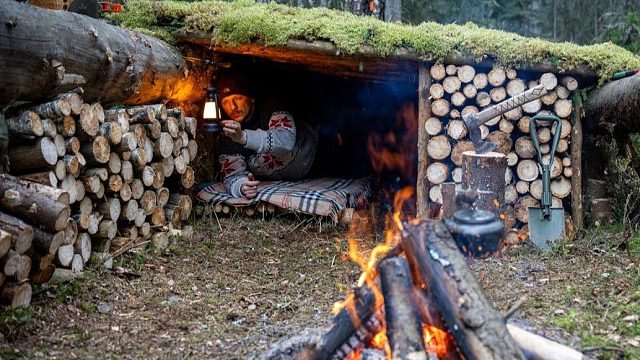 森林里四处都是倒塌的大树，经过一番考察思量后，果断建造出一间庇护所