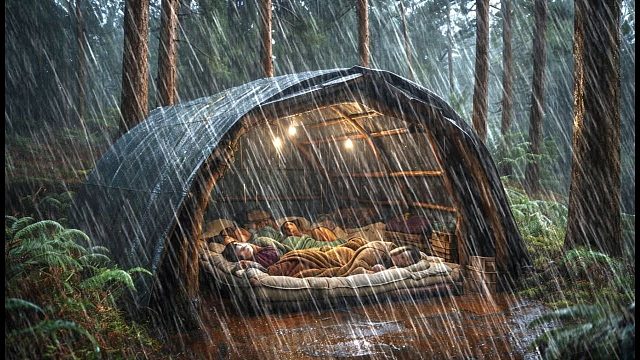 刚把帐篷搭建完成，就下起了倾盆大雨，这下露营是真的刺激了！