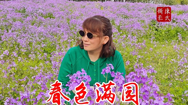 美女漫步花海，心情愉悦。