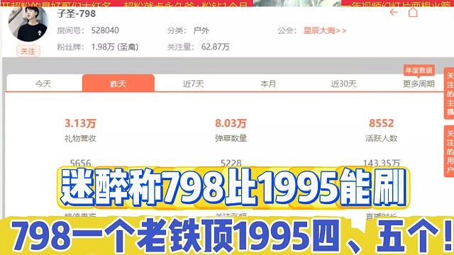 迷醉称798粉丝比1995能刷
798一个老铁顶1995五个！