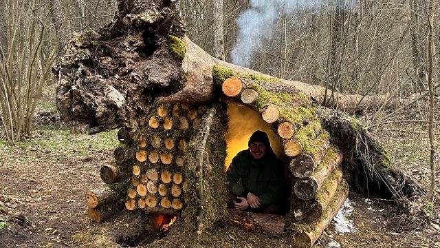 在一棵垂吊的树干下，捡树棒搭建一个木屋。一张温暖的床入睡过夜